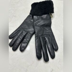 UGG Black Leather Gloves with Plush Trim